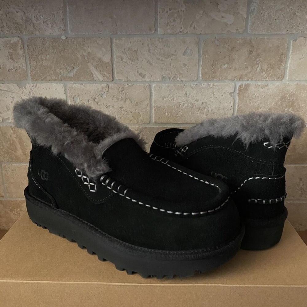 UGG Black Suede Fur-Lined Slippers